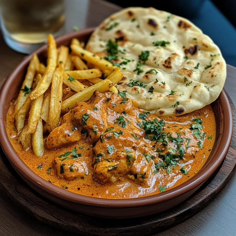 Butter Chicken Garlic Delight with Crispy Fries and Naan