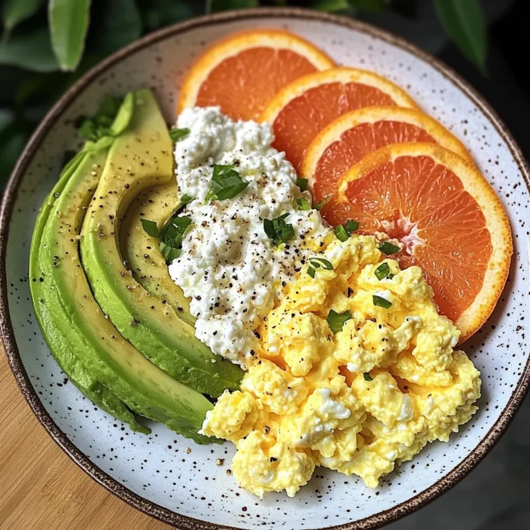 Avocado, Scrambled Eggs & Cottage Cheese Plate with Fresh Orange