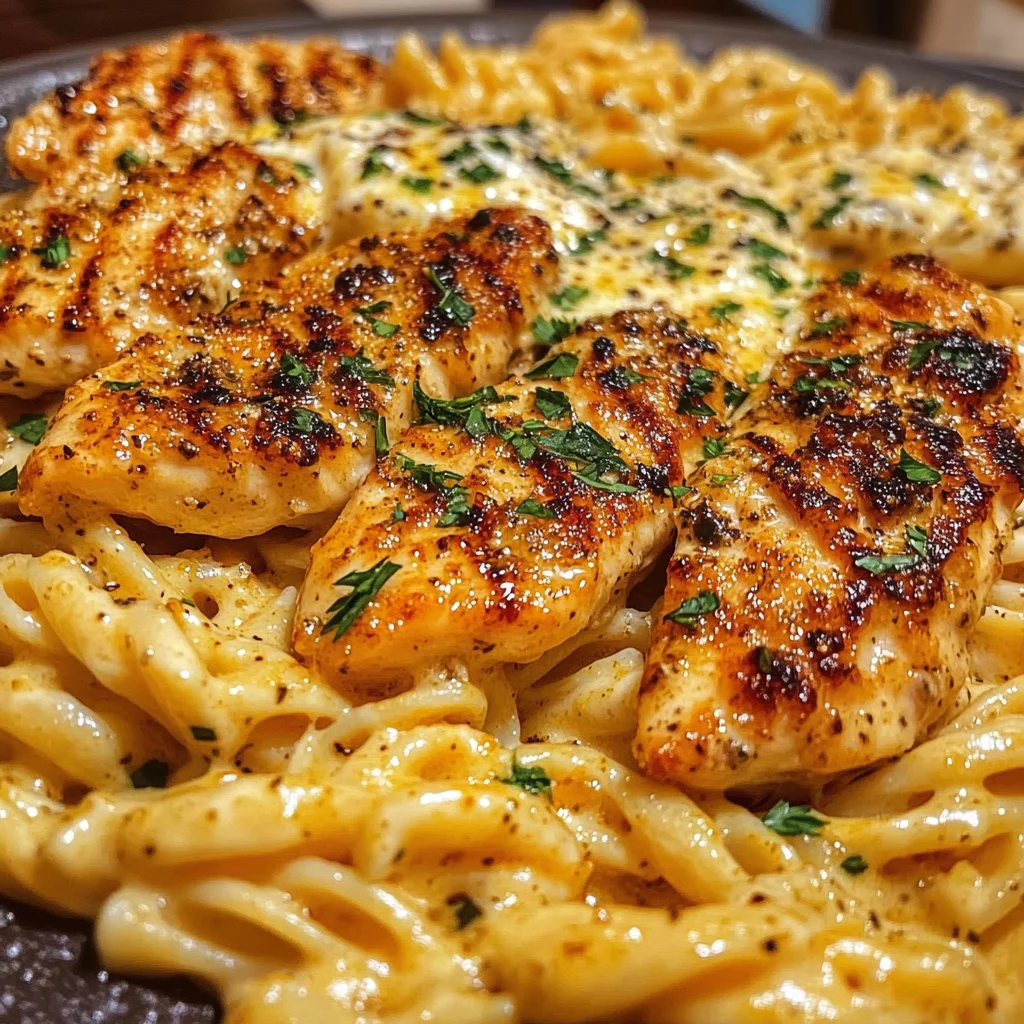 Garlic Parmesan Chicken Twisted Pasta in Spicy Three-Cheese Cajun Sauce