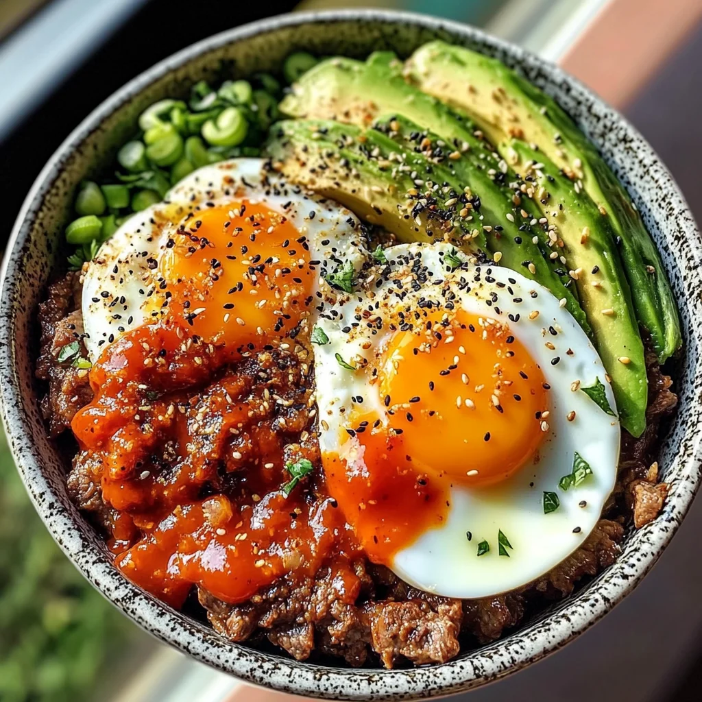Spicy Avocado & Beef Protein Bowl with Fried Eggs