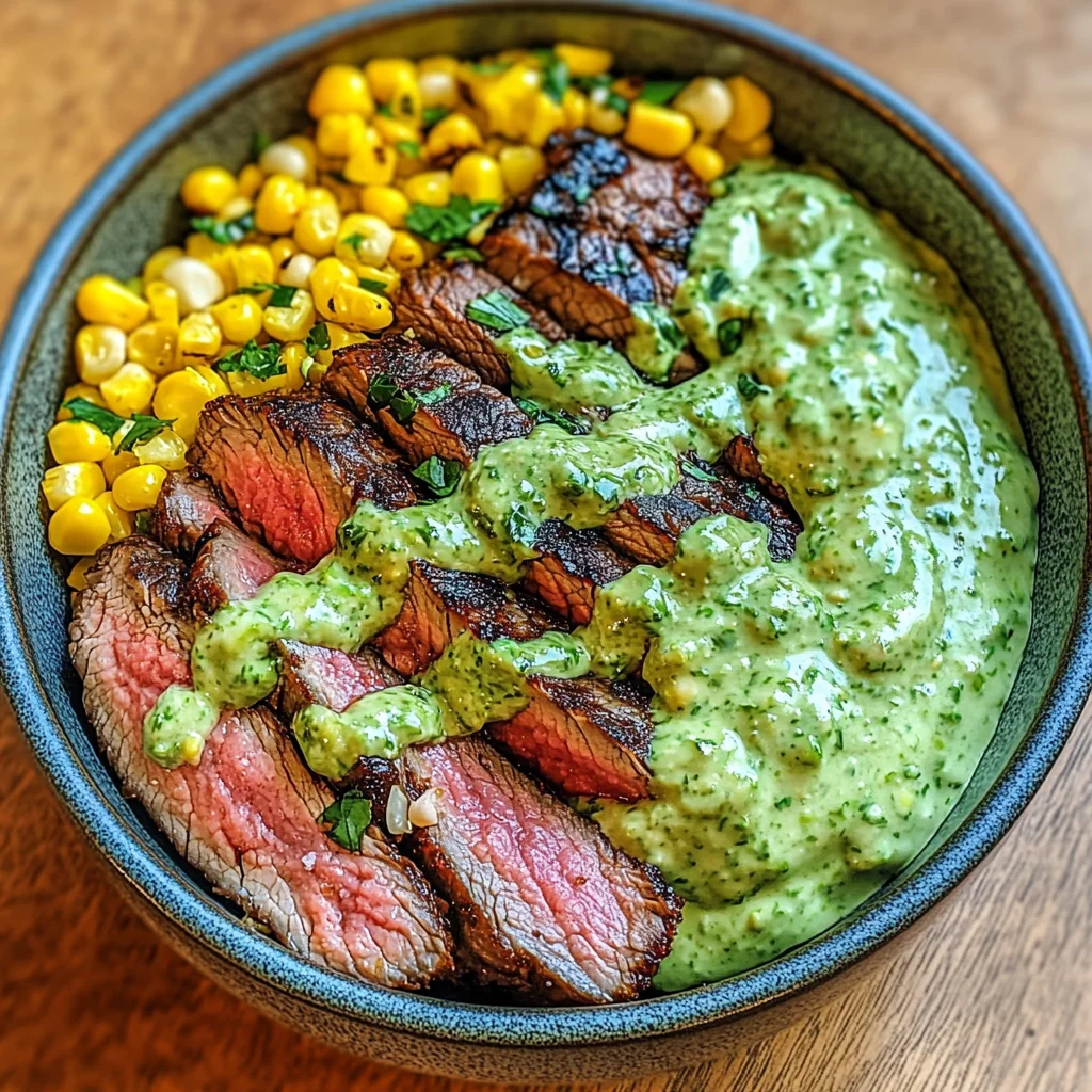 Steak Avocado Roasted Corn Bowl with Cilantro Cream Sauce delights!