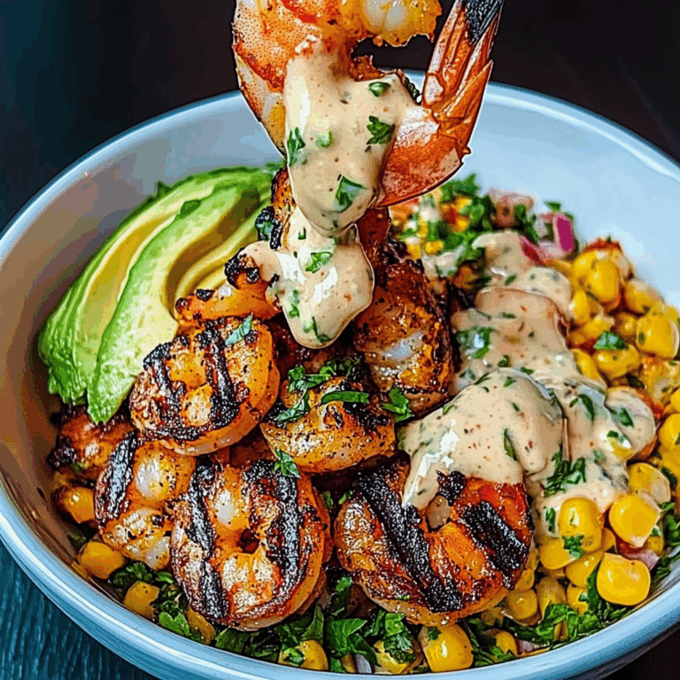 Grilled Shrimp Bowl with Avocado, Corn Salsa & Creamy Sauce