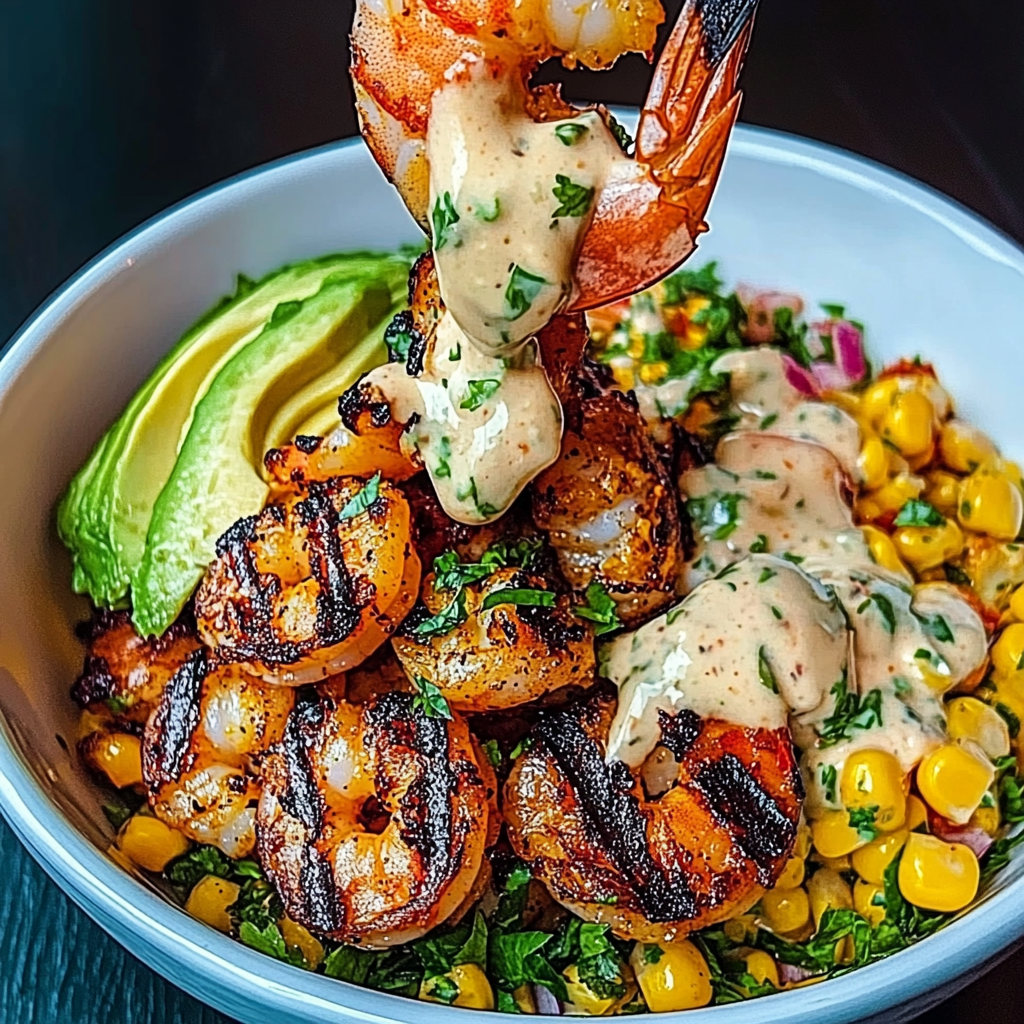 Grilled Shrimp Bowl with Avocado, Corn Salsa & Creamy Sauce
