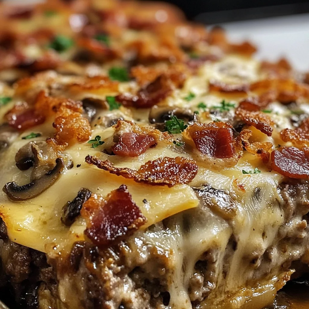 Mushroom Swiss Turkey Bacon Meatloaf Casserole