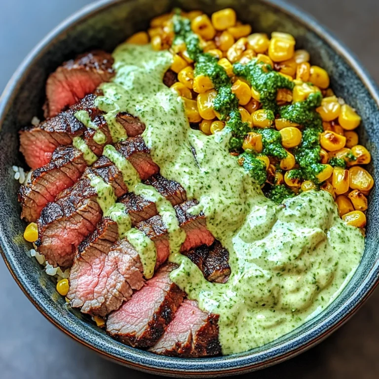 Steak Avocado Roasted Corn Bowl with Cilantro Cream Sauce delights!