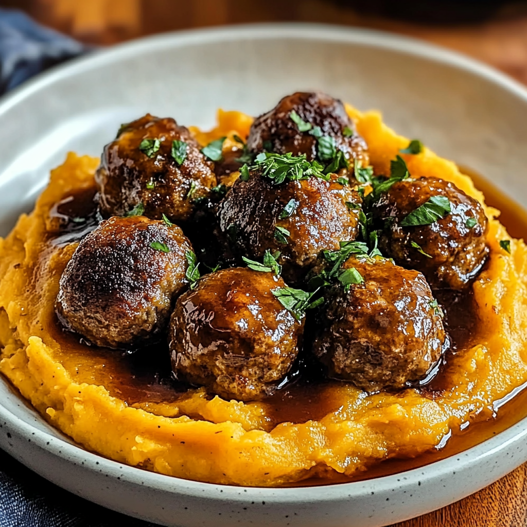 Enjoy Irresistible beef Meatballs with Sweet Potato Mash & Bourbon-Maple Sauce