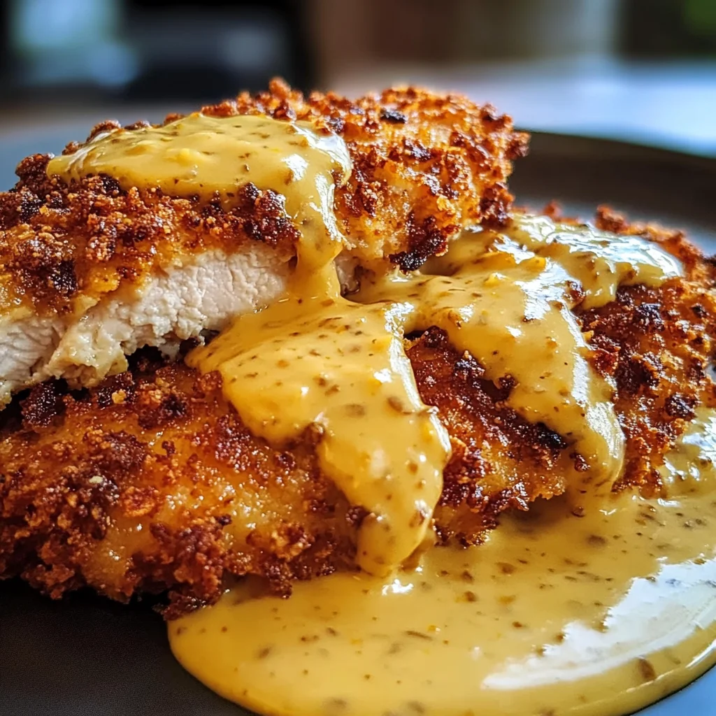 Savory Pretzel Chicken with Mustard-Cheddar Sauce Delight