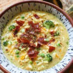 Broccoli Cheddar Orzo Soup with Crispy Prosciutto