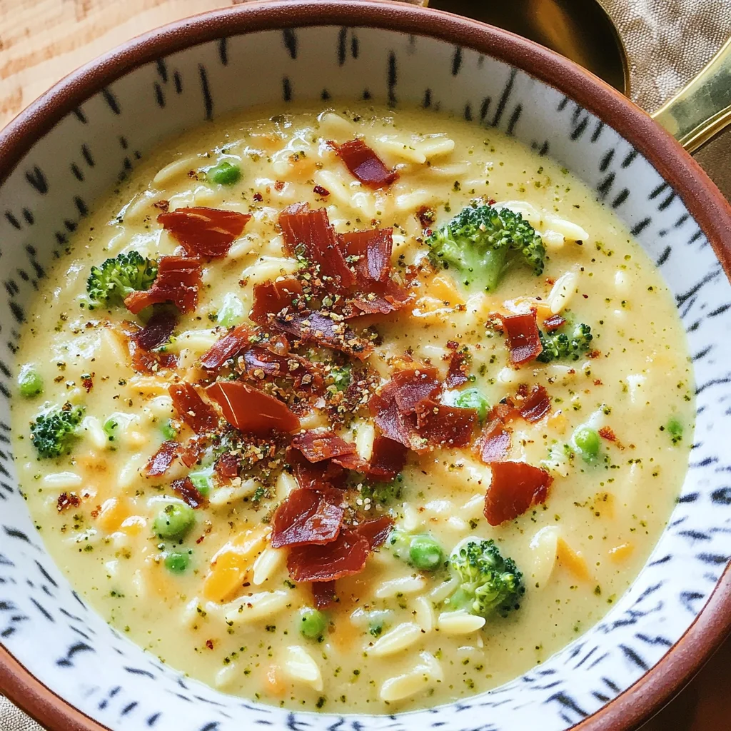 Broccoli Cheddar Orzo Soup with Crispy Prosciutto