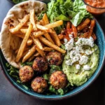 Chicken Meatball Pita Bowls with Seasoned Fries and Feta