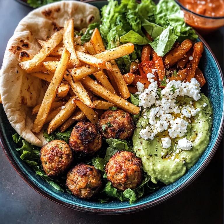 Chicken Meatball Pita Bowls with Seasoned Fries and Feta