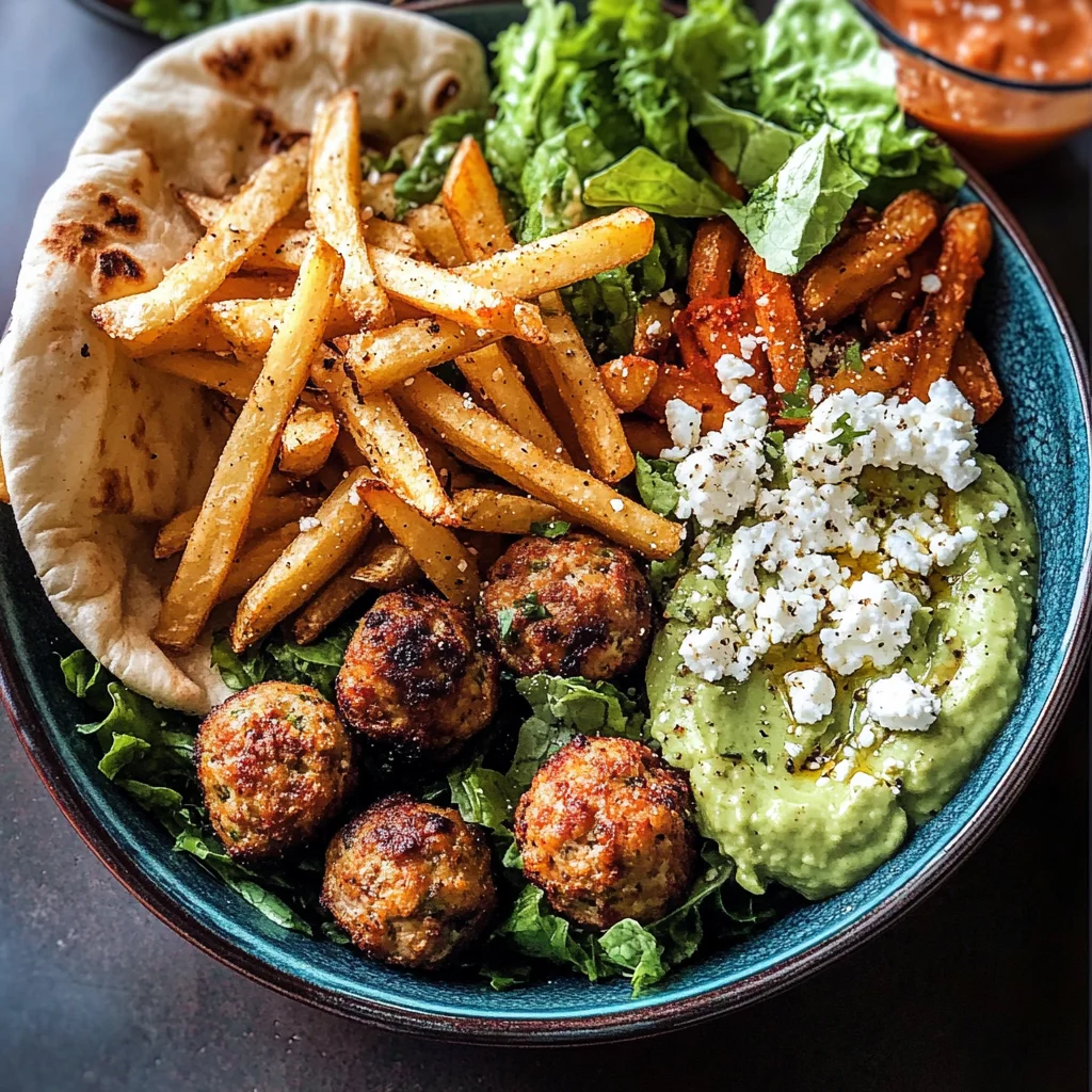 Chicken Meatball Pita Bowls with Seasoned Fries and Feta