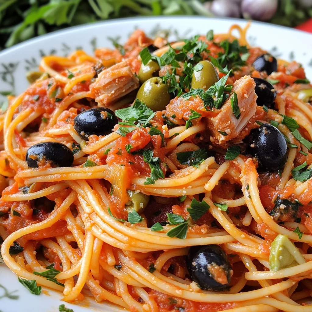 Pasta Puttanesca with Spicy Tuna